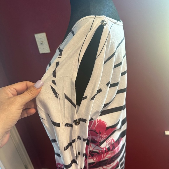 Cache L Striped Floral Rhinestone Top Button Tab Sleeves Made in USA Tunic - Picture 2 of 12